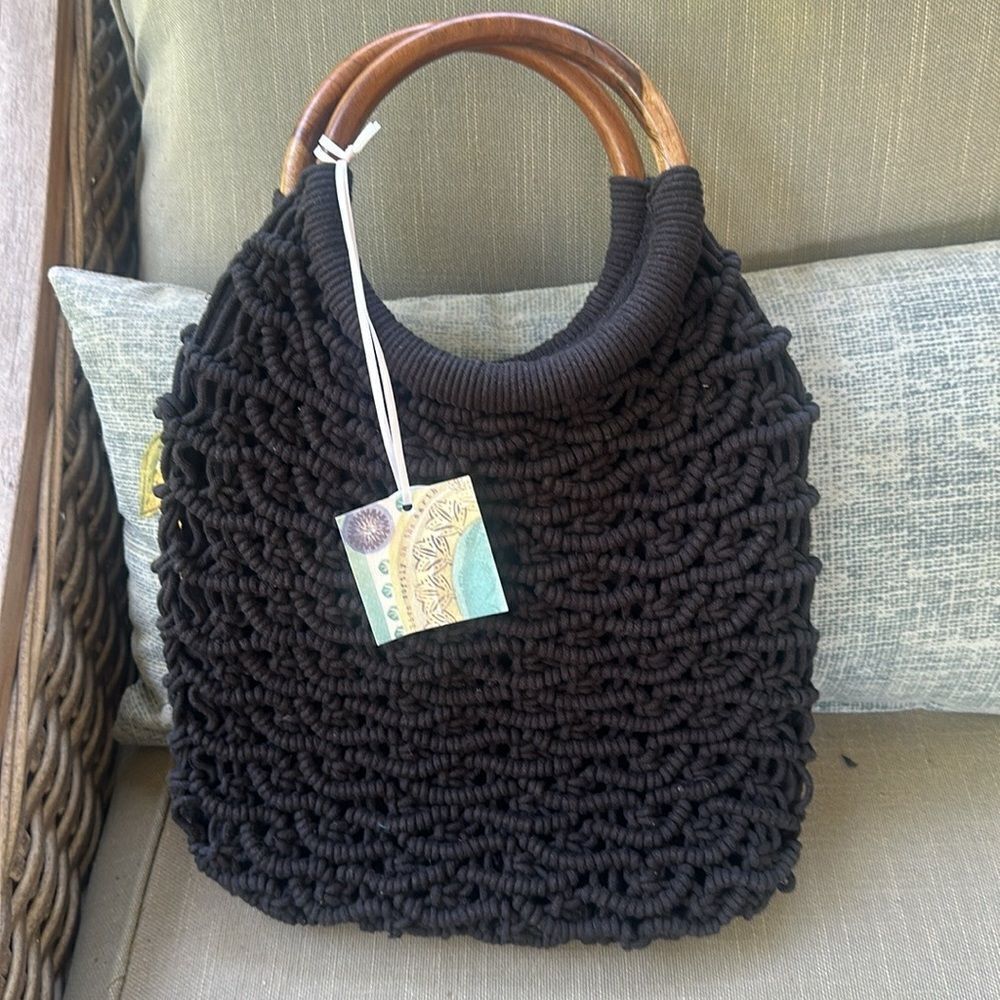 Sigrid Olsen Black Crochet Wooden Handled Handbag